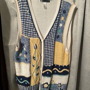 Women's V-Neck Patchwork Sweater Vest - Blue and Yellow